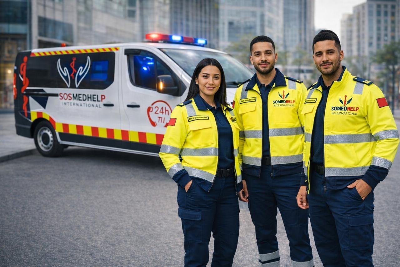 Équipe ambulancière MedHelp International à Casablanca — ambulanciers et médecins prêts à intervenir